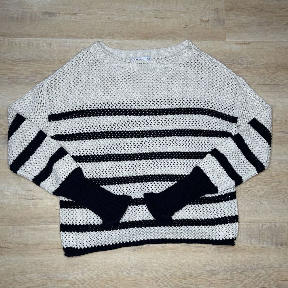 Zara Striped Cream Nautical Knit Woven Sweater pullover Medium/Large Black White